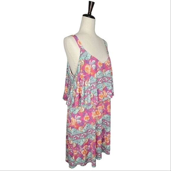 Watermelon Pink Floral Scoop V-neck Yoke Detail Sleeveless Dress Size 1X - Picture 2 of 8